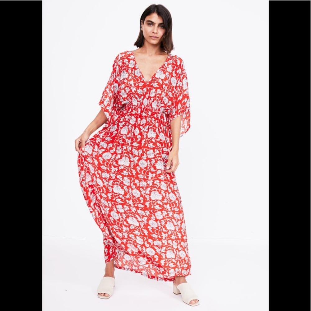 ANTHROPOLIGIE MARIE CINCHED KAFTAN | RED FLORAL PRINT M/L